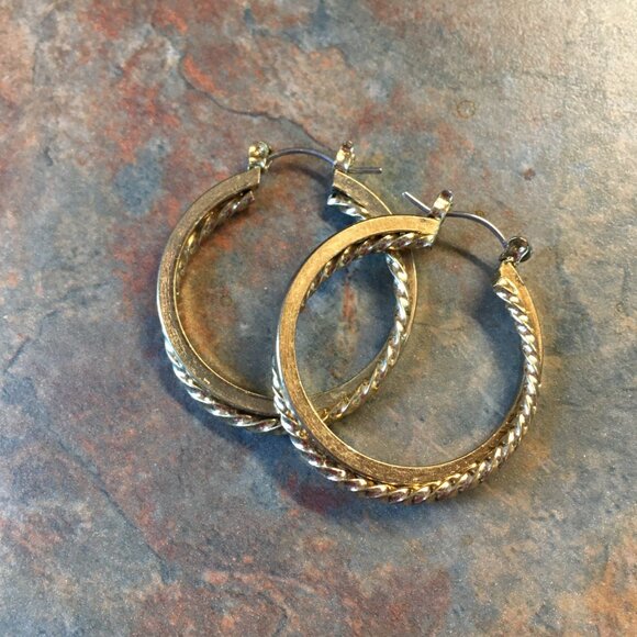 Goldtone Twist And Solid Double Hoop Pierced Earrings - Picture 3 of 5